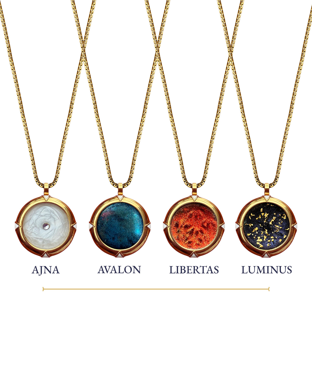 AQUARI Ajna, Avalon, Libertas, and Luminus pendants on gold chains
